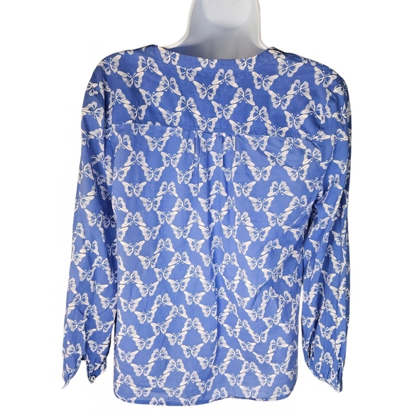 TALBOTS Petite Butterfly Print Cotton Tunic Blouse Shirt Size Small Blue White - Picture 4 of 12